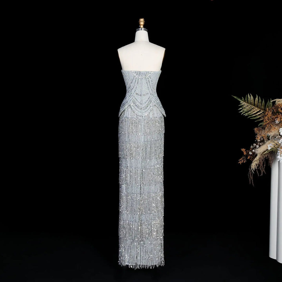 Dreamy Vow SS255 gray strapless beaded fringe evening gown back