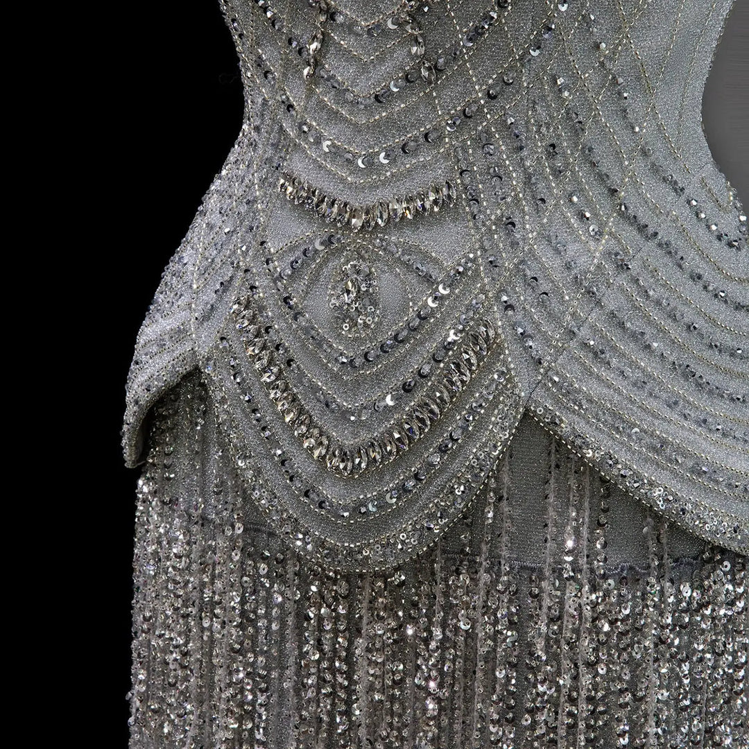 Dreamy Vow SS255 gray strapless crystal beaded evening gown neckline detail
