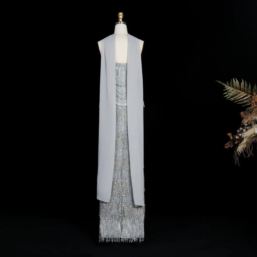 Dreamy Vow SS255 gray beaded fringe column evening gown detail