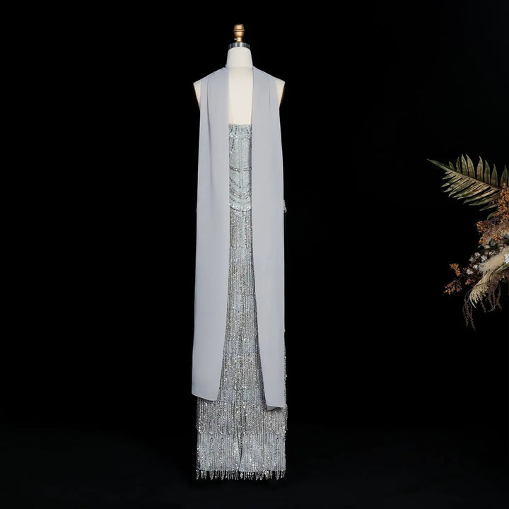 Dreamy Vow SS255 gray beaded fringe column evening gown detail