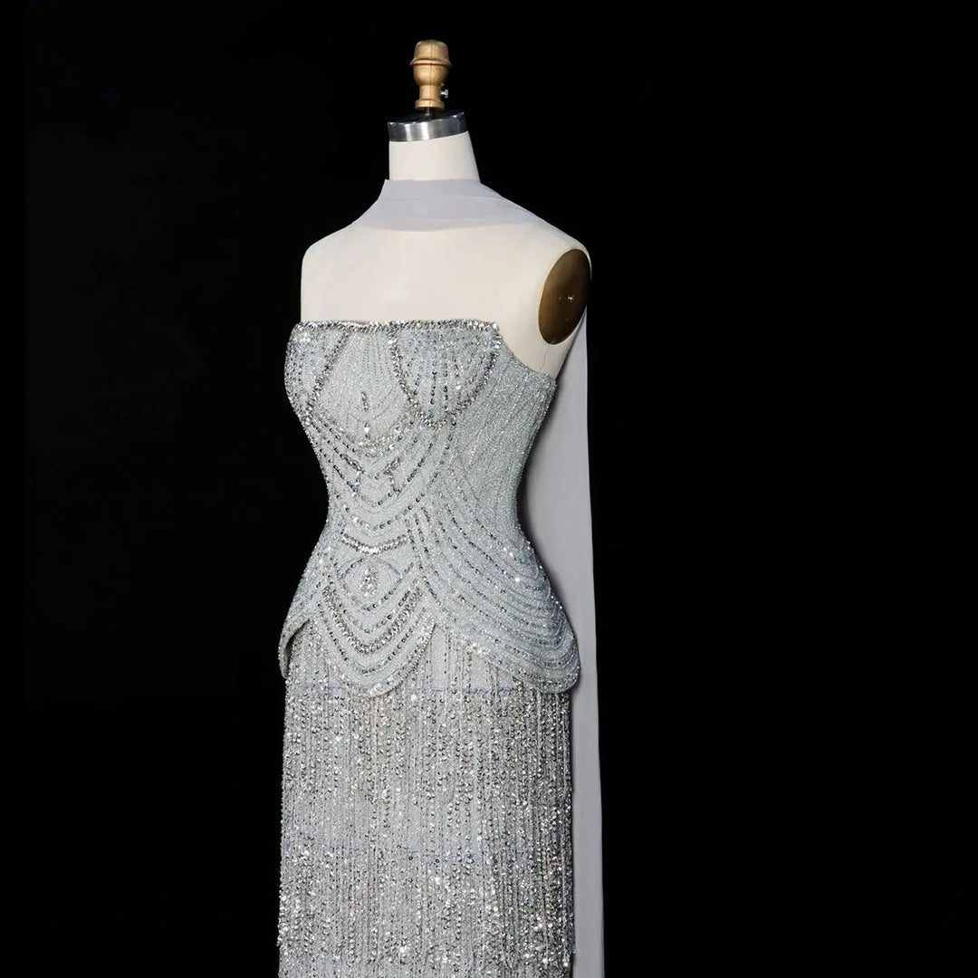 Dreamy Vow SS255 gray strapless beaded fringe evening gown side