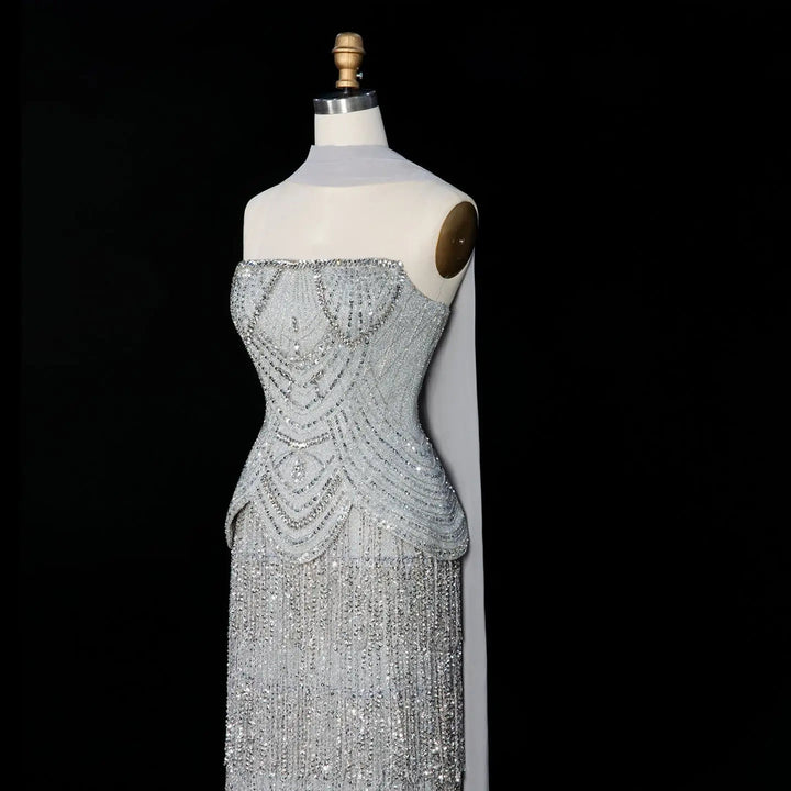 Dreamy Vow SS255 gray strapless beaded fringe evening gown side
