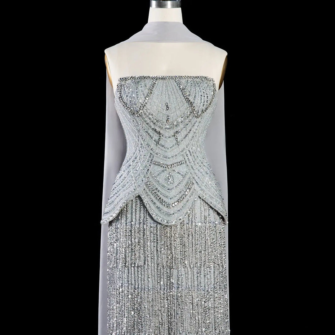 Dreamy Vow SS255 gray crystal beaded fringe gown full look