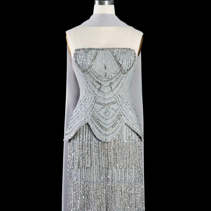 Dreamy Vow SS255 gray crystal beaded fringe gown full look