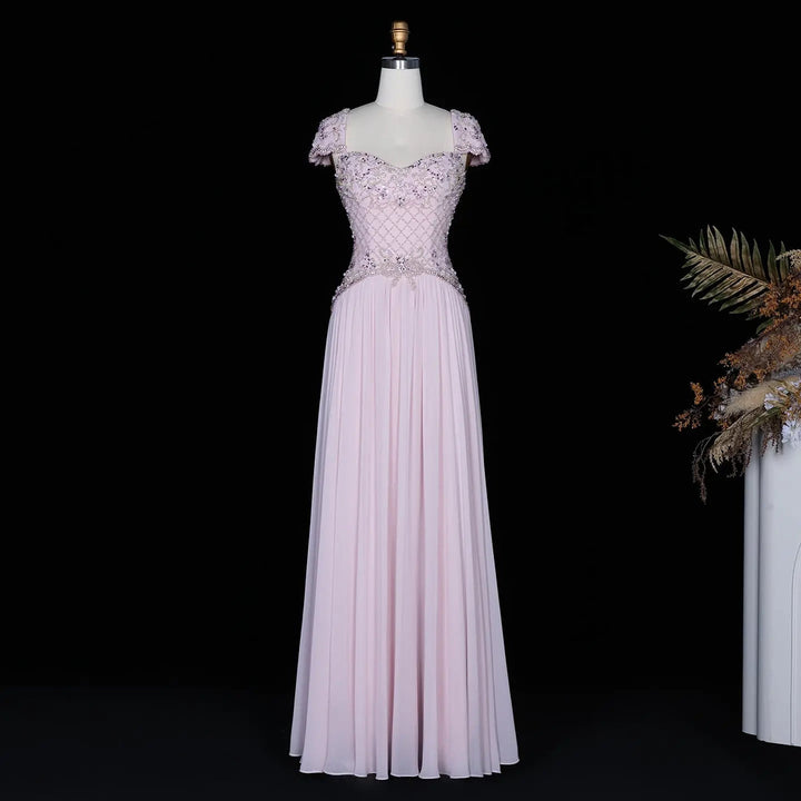 Dreamy Vow SS258 pink beaded cap sleeve chiffon evening gown front view