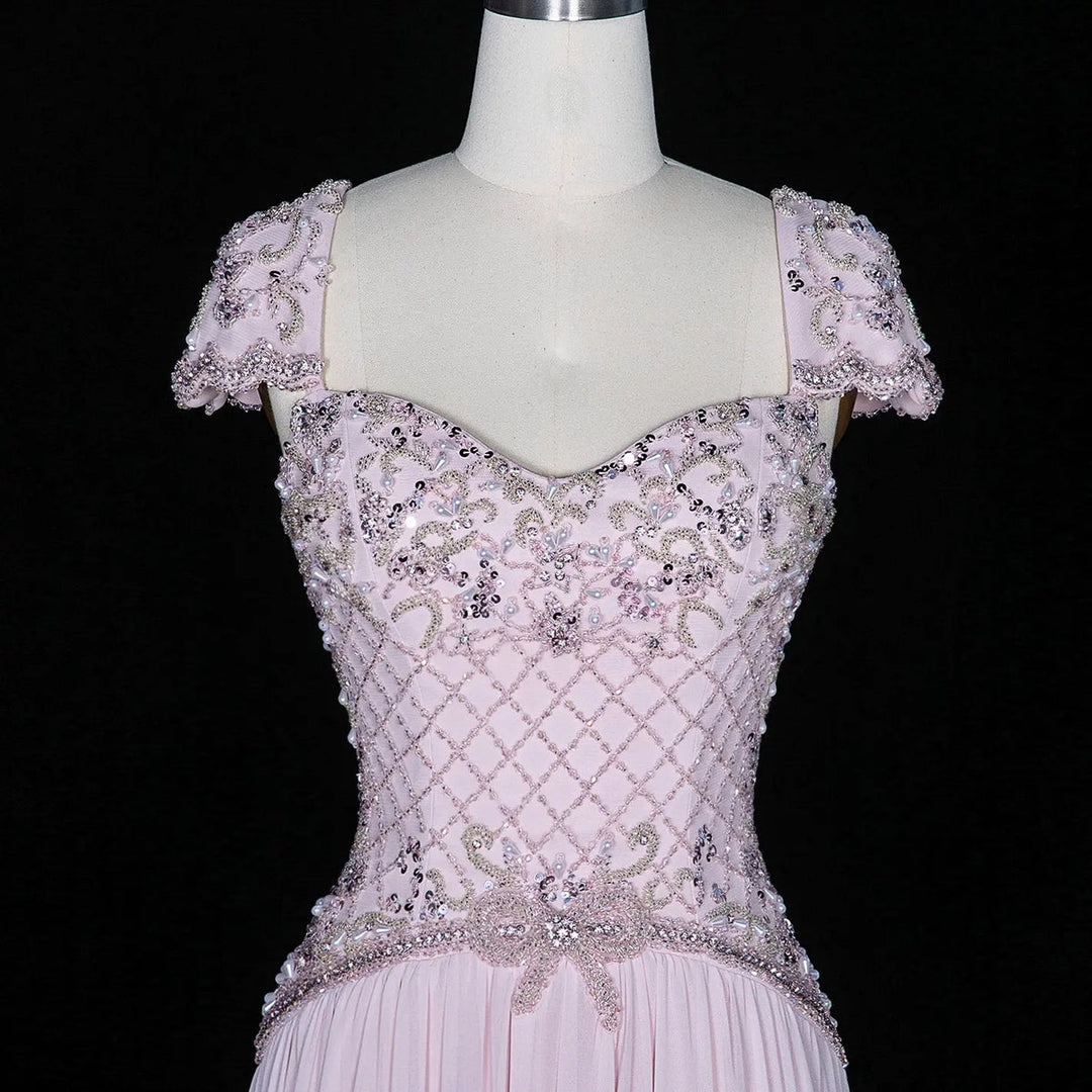 Dreamy Vow SS258 pink beaded cap sleeve chiffon evening gown bodice detail