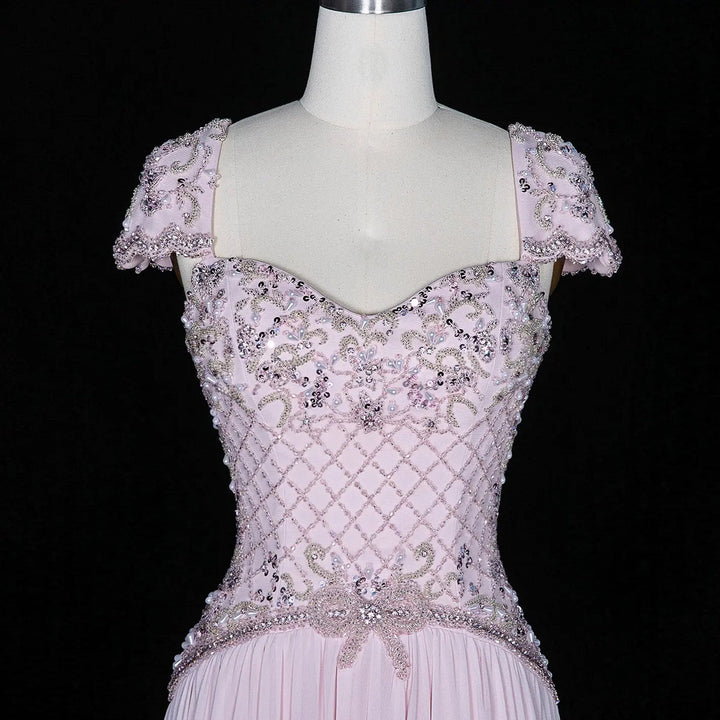 Dreamy Vow SS258 pink beaded cap sleeve chiffon evening gown bodice detail