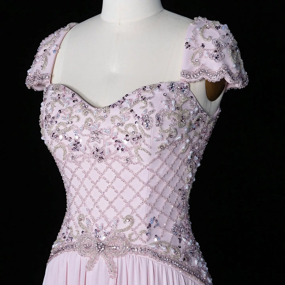 Dreamy Vow SS258 pink beaded cap sleeve chiffon evening gown detail