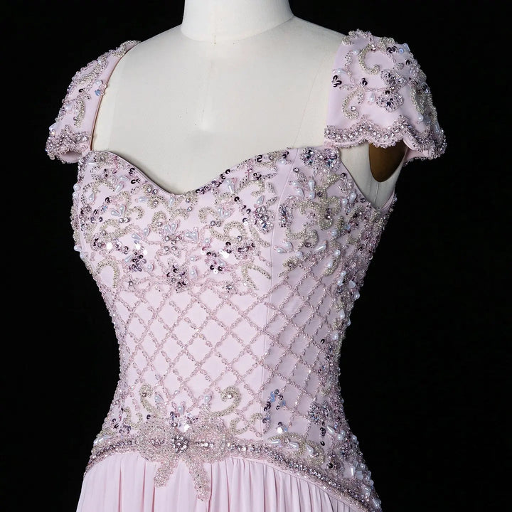 Dreamy Vow SS258 pink beaded cap sleeve chiffon evening gown detail