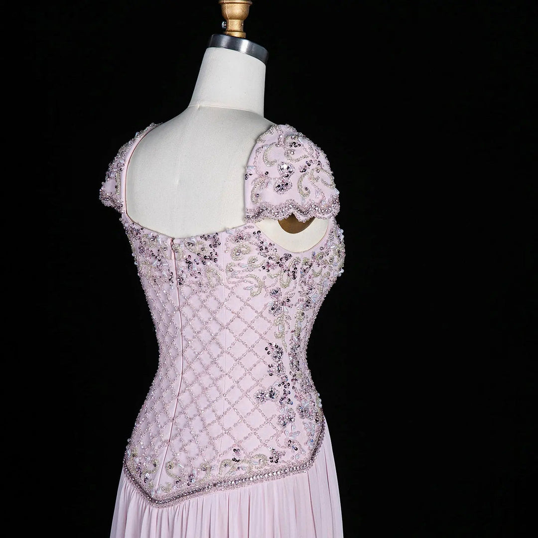Dreamy Vow SS258 pink beaded cap sleeve chiffon evening gown side detail
