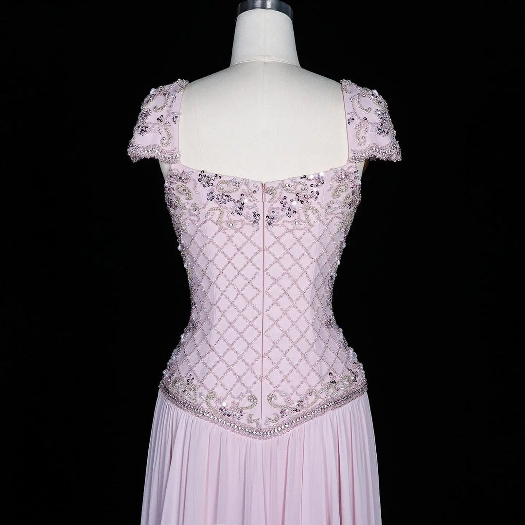 Dreamy Vow SS258 pink beaded cap sleeve chiffon evening gown back detail