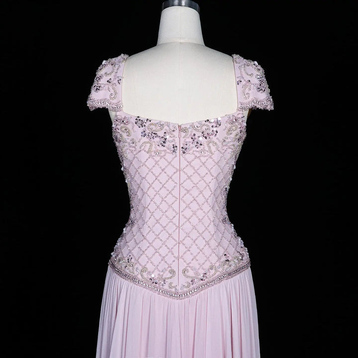 Dreamy Vow SS258 pink beaded cap sleeve chiffon evening gown back detail