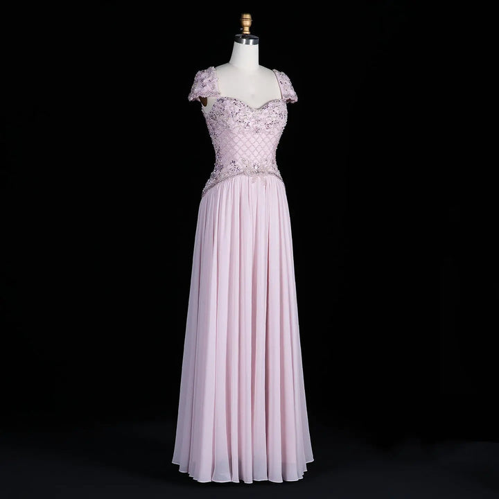 Dreamy Vow SS258 pink beaded cap sleeve chiffon evening gown fabric detail