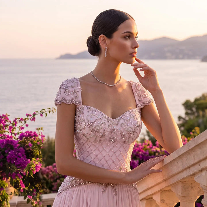 Dreamy Vow SS258 pink beaded cap sleeve chiffon evening gown beading close up