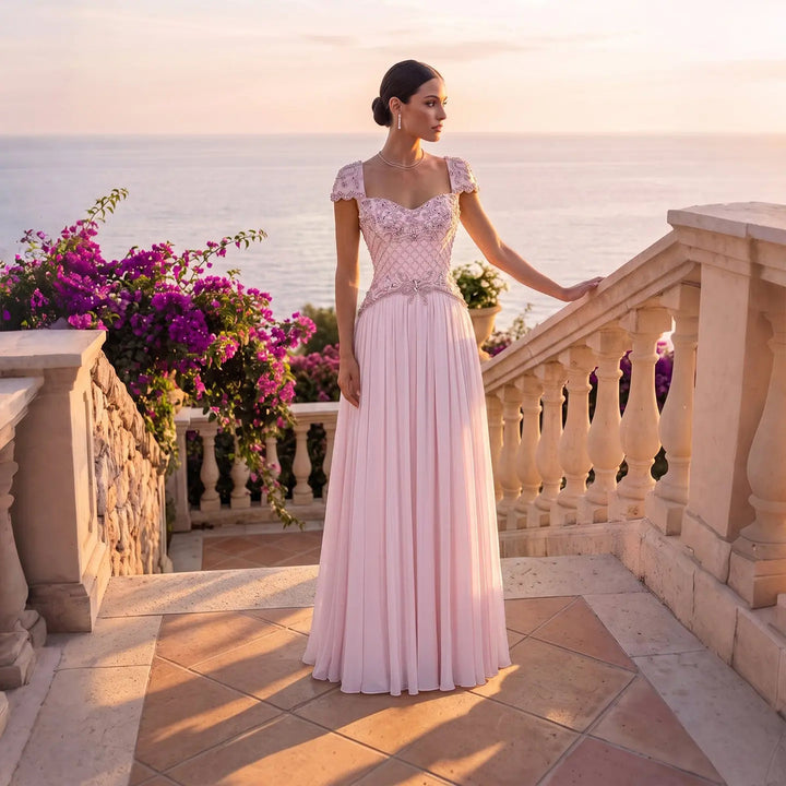 Dreamy Vow SS258 pink beaded cap sleeve chiffon evening gown full length detail