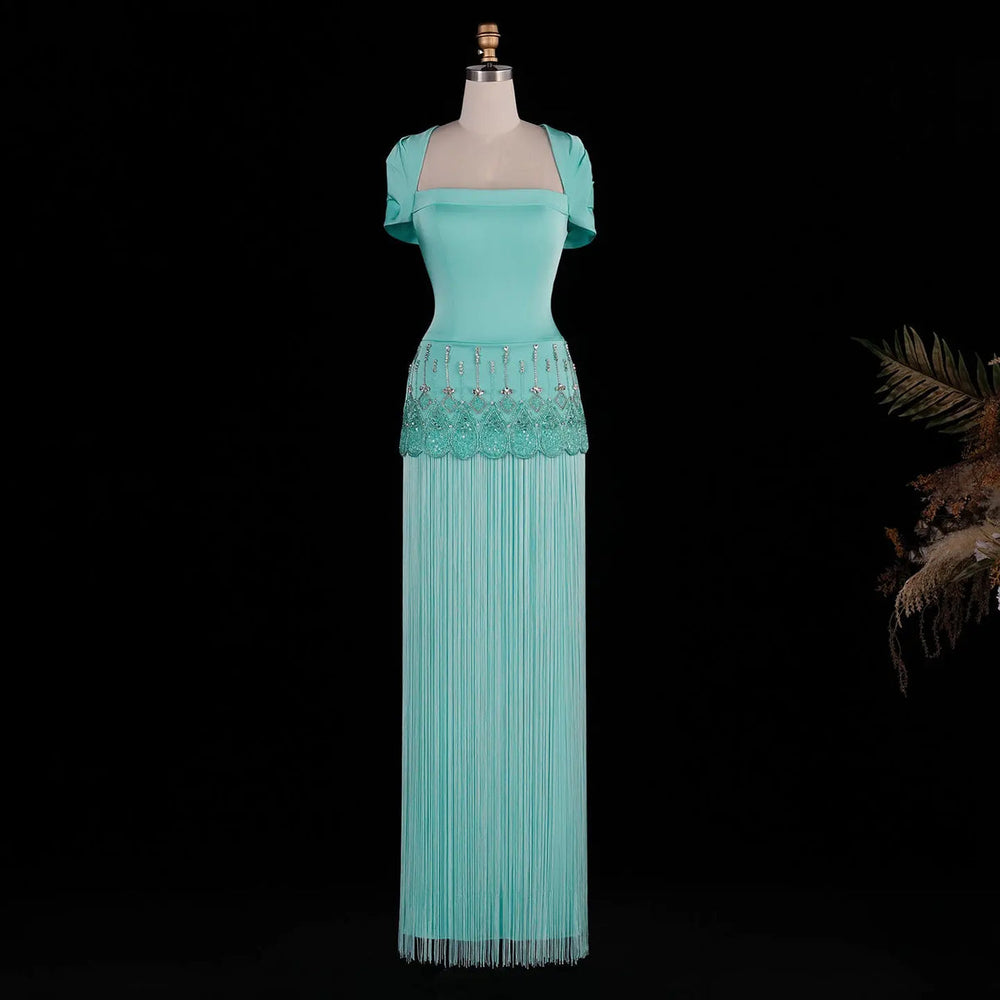 Dreamy Vow SS292 aqua square neck beaded fringe evening gown front