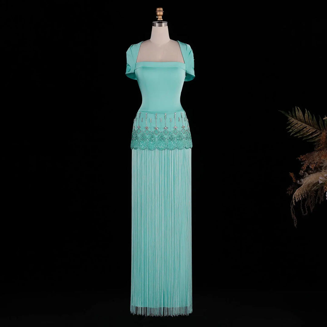 Dreamy Vow SS292 aqua square neck beaded fringe evening gown front