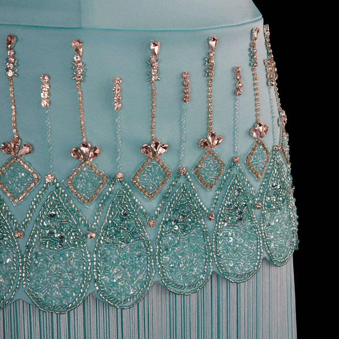 Dreamy Vow SS292 aqua beaded fringe evening gown detail