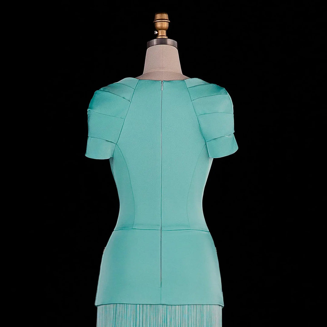 Dreamy Vow SS292 aqua square neck beaded fringe gown bodice