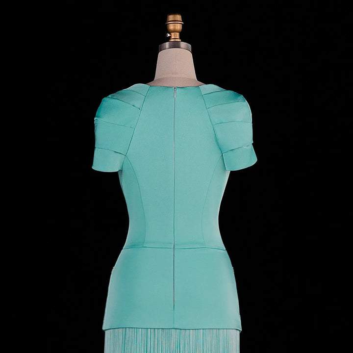 Dreamy Vow SS292 aqua square neck beaded fringe gown bodice