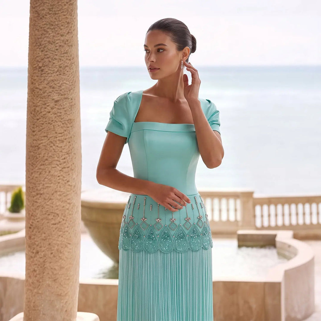 Dreamy Vow SS292 aqua square neck beaded fringe evening gown close view