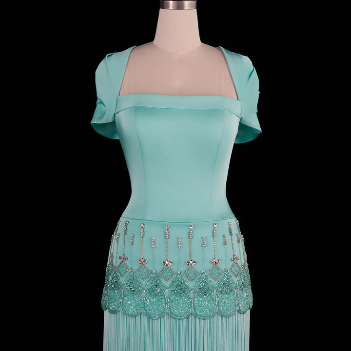 Dreamy Vow SS292 aqua square neck short sleeve evening gown detail