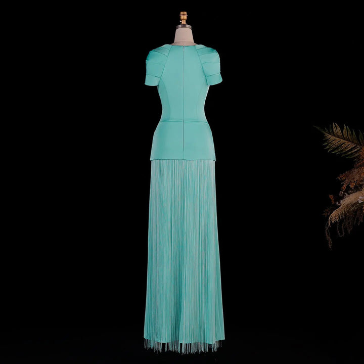 Dreamy Vow SS292 aqua beaded fringe column evening gown side