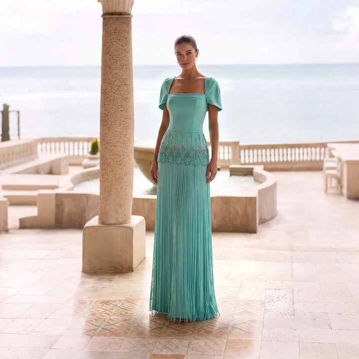 Dreamy Vow SS292 aqua square neck beaded fringe evening gown full look