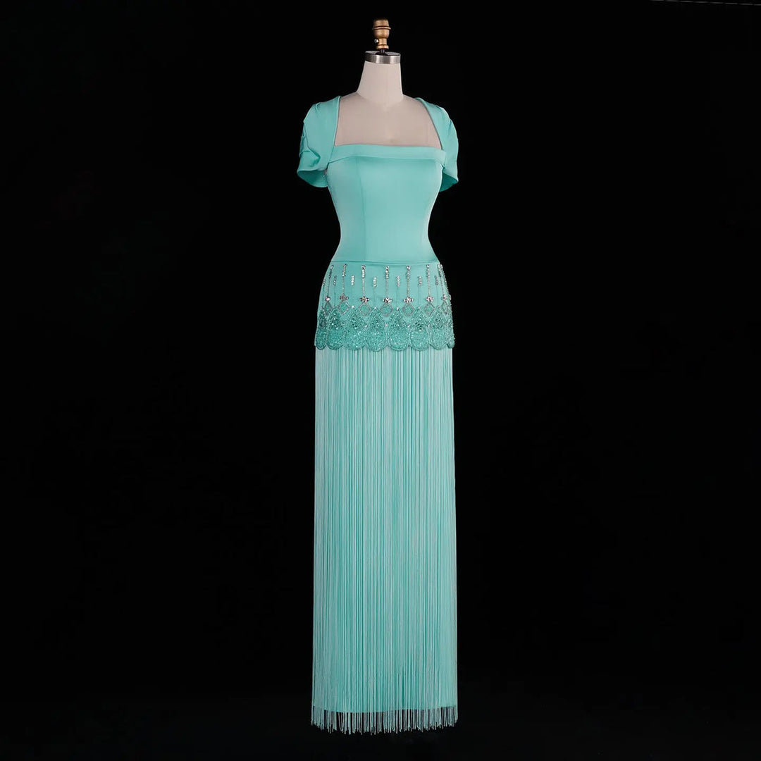 Dreamy Vow SS292 aqua beaded fringe evening gown full front