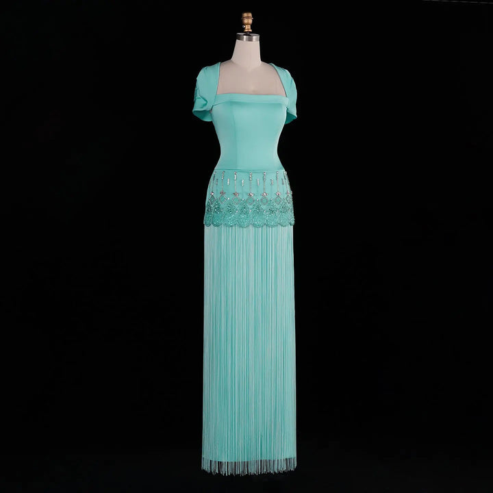 Dreamy Vow SS292 aqua beaded fringe evening gown full front