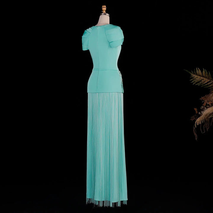 Dreamy Vow SS292 aqua square neck fringe evening gown product view