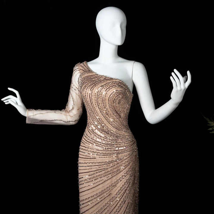 Dreamy Vow SS311 champagne one shoulder sequin evening dress bodice detail