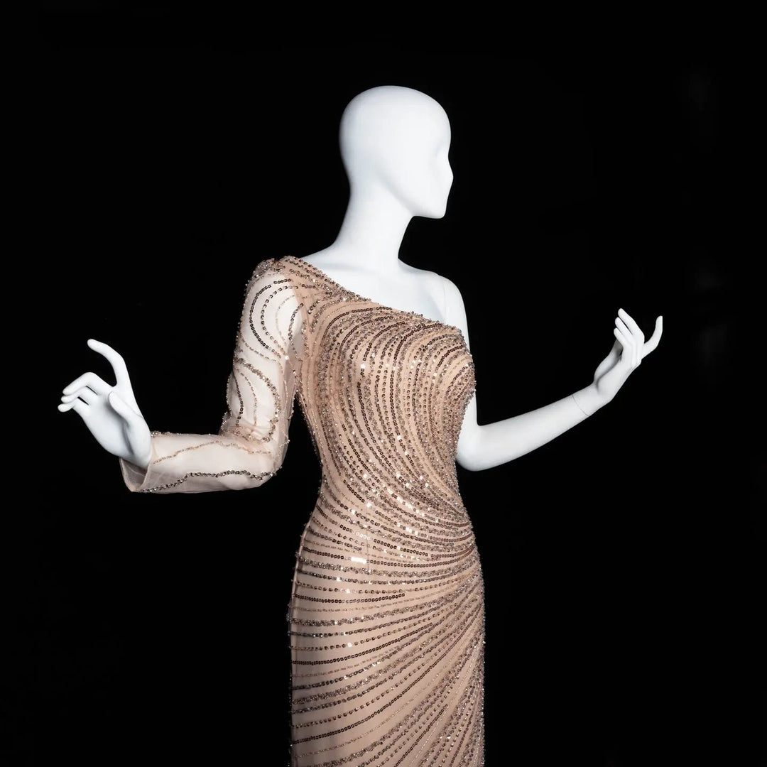 Dreamy Vow SS311 champagne one shoulder sequin mermaid evening dress bodice view
