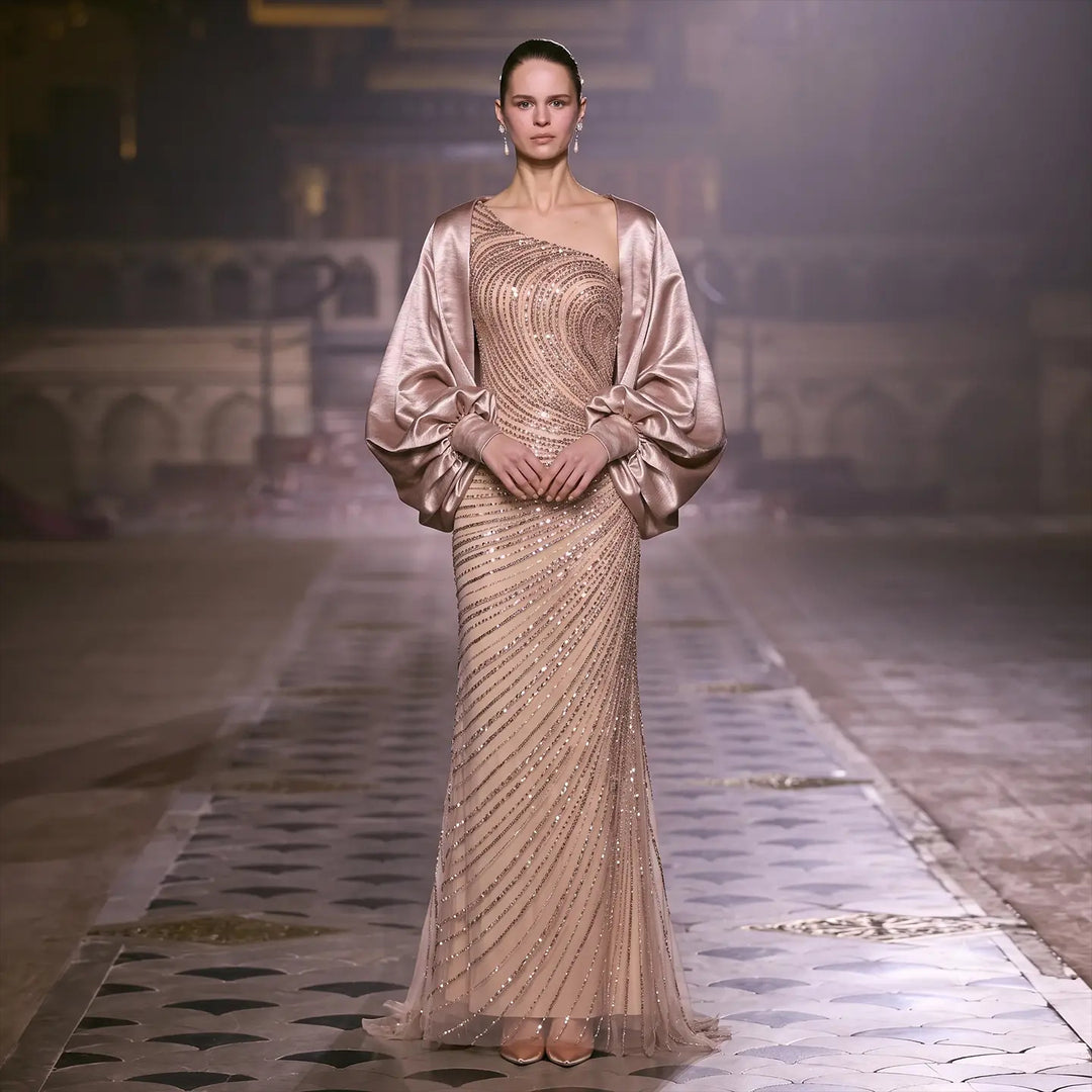 Luxury Champagne One-Shoulder Sequin Mermaid Evening Dress SS311