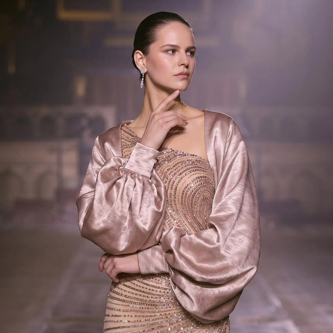 Dreamy Vow SS311 champagne sequin evening dress model bodice and bolero detail