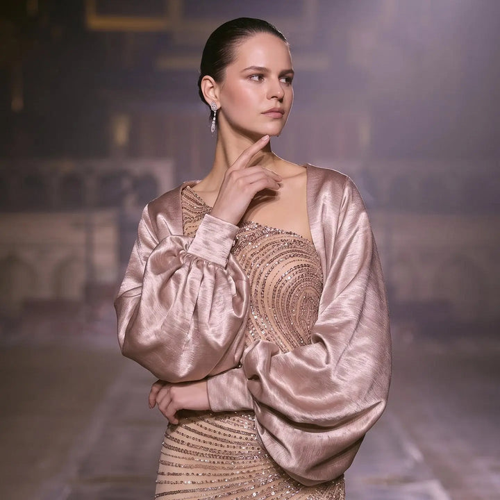 Dreamy Vow SS311 champagne sequin evening dress model bodice and bolero detail