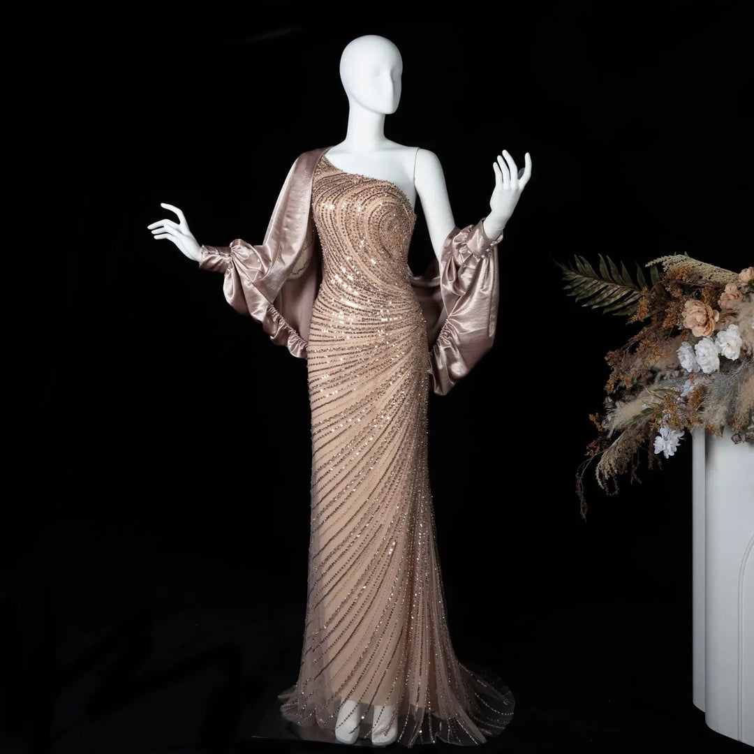 Dreamy Vow SS311 champagne sequin mermaid evening dress mannequin front full view