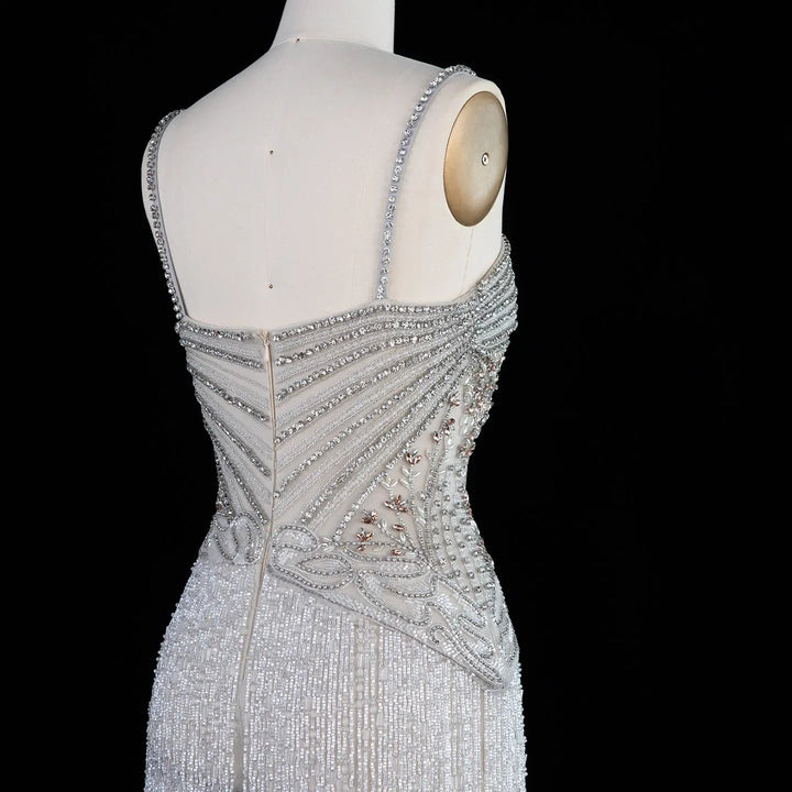 Dreamy Vow SS324 gray beaded fringe evening dress zipper back detail