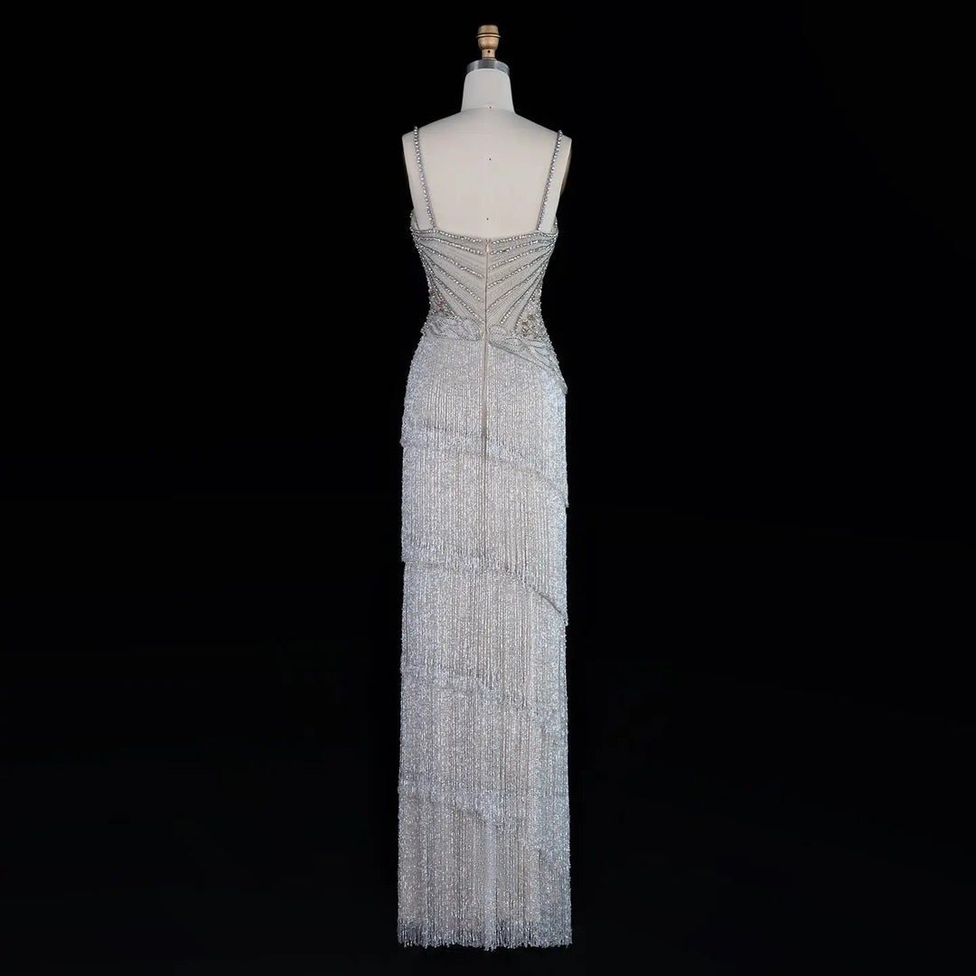 Dreamy Vow SS324 gray beaded fringe spaghetti strap evening dress back