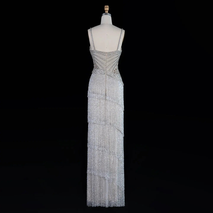 Dreamy Vow SS324 gray beaded fringe spaghetti strap evening dress back