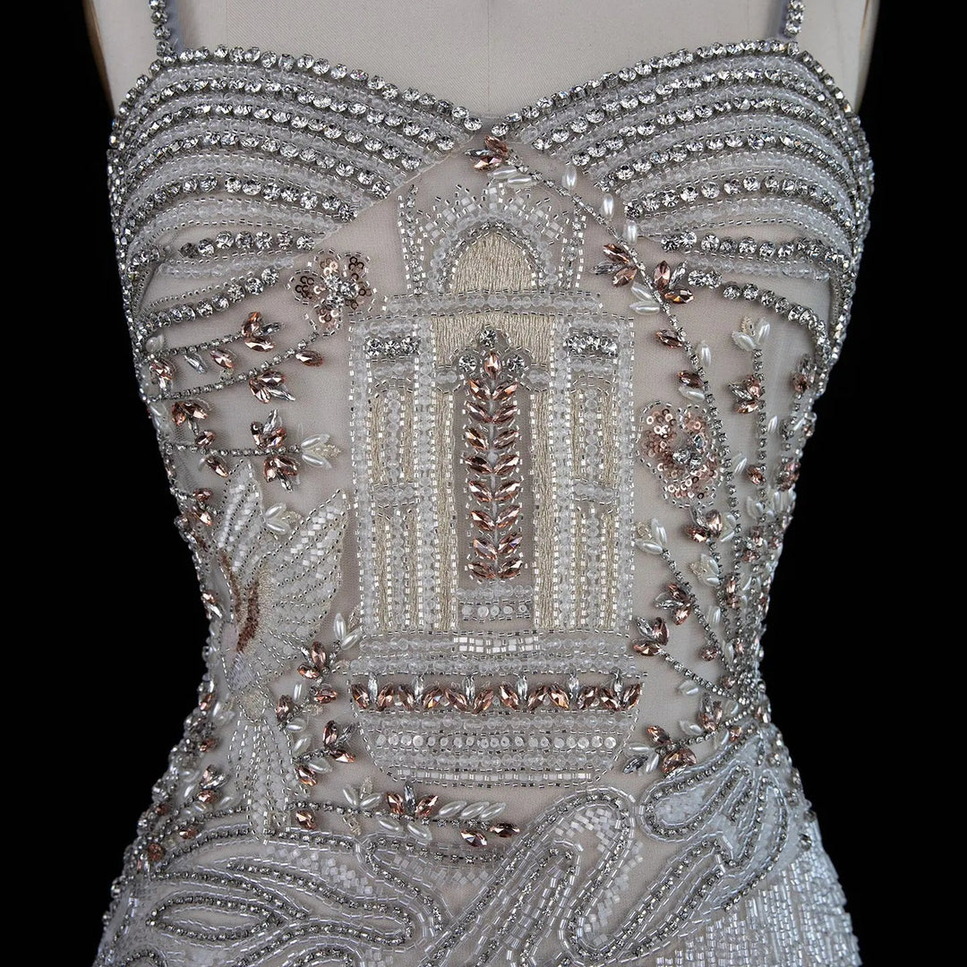 Dreamy Vow SS324 gray beaded fringe spaghetti strap evening dress bodice detail