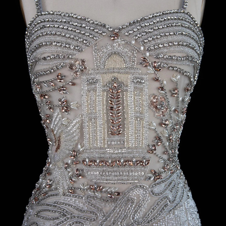 Dreamy Vow SS324 gray beaded fringe spaghetti strap evening dress bodice detail