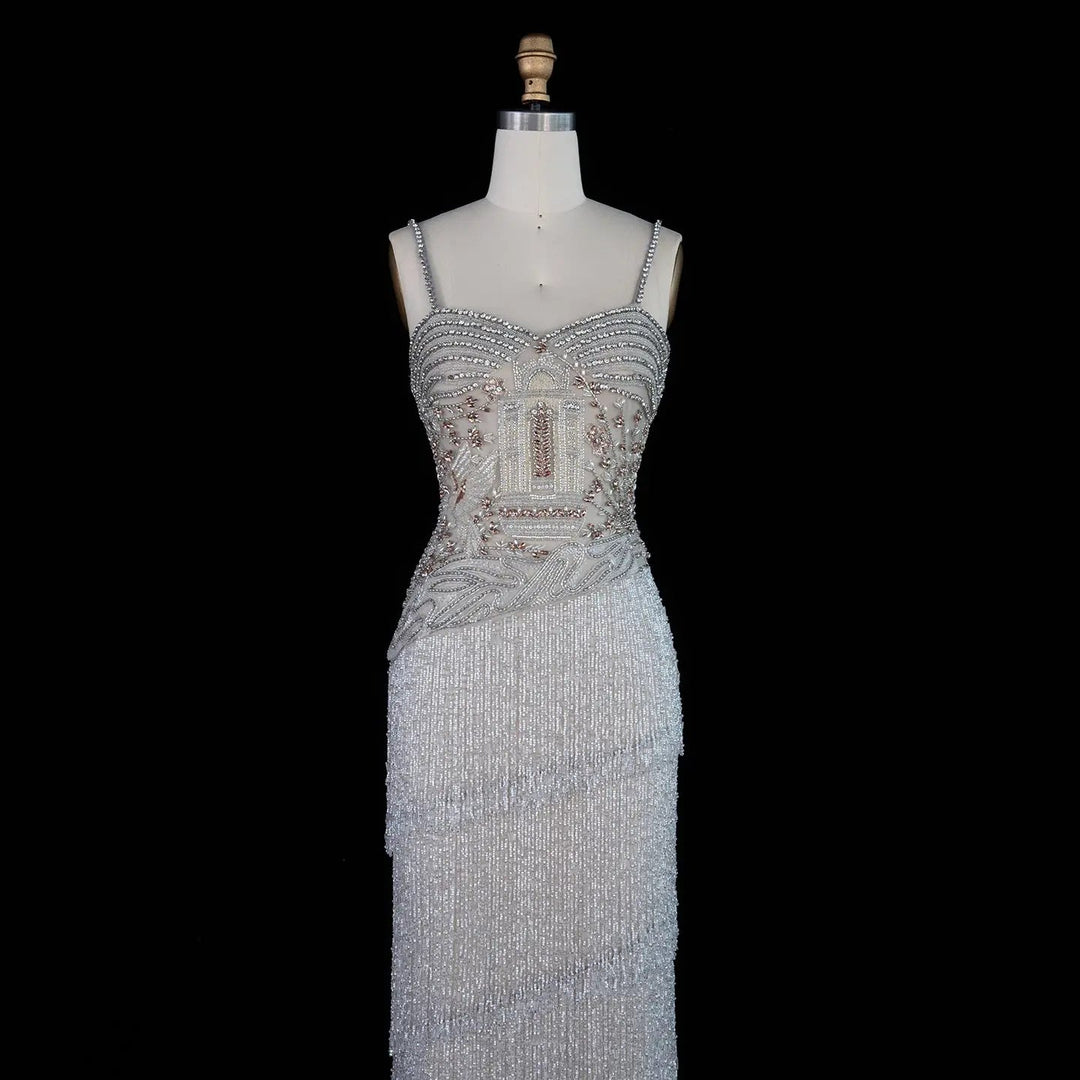 Dreamy Vow SS324 gray beaded fringe spaghetti strap evening dress front detail