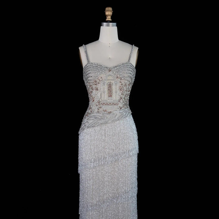 Dreamy Vow SS324 gray beaded fringe spaghetti strap evening dress front detail