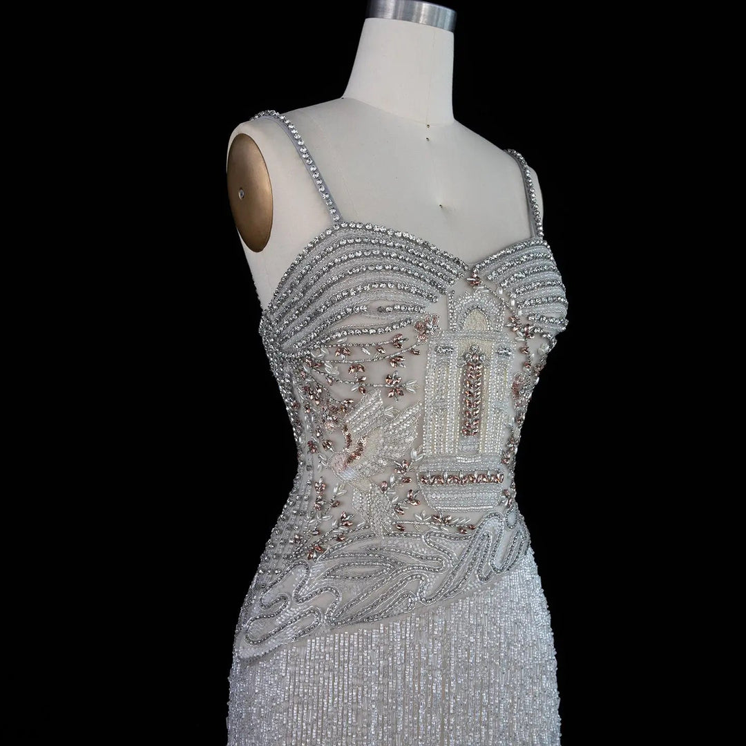 Dreamy Vow SS324 gray beaded fringe spaghetti strap evening dress neckline detail