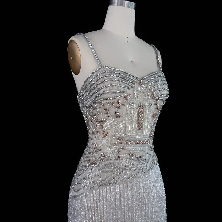 Dreamy Vow SS324 gray beaded fringe spaghetti strap evening dress neckline detail