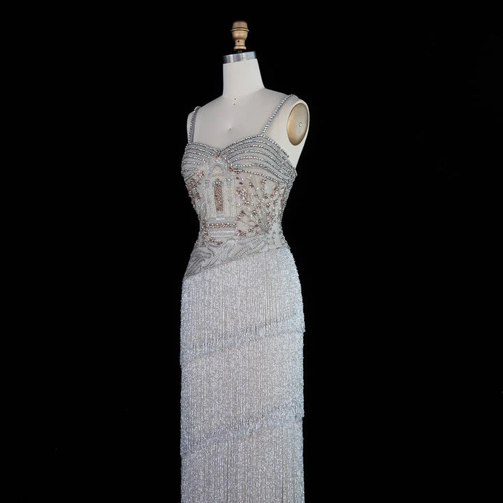 Dreamy Vow SS324 gray beaded fringe spaghetti strap evening dress side front