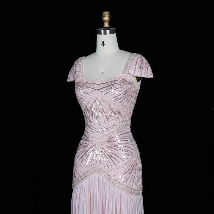 Dreamy Vow SS325 pink beaded square neck evening dress side front