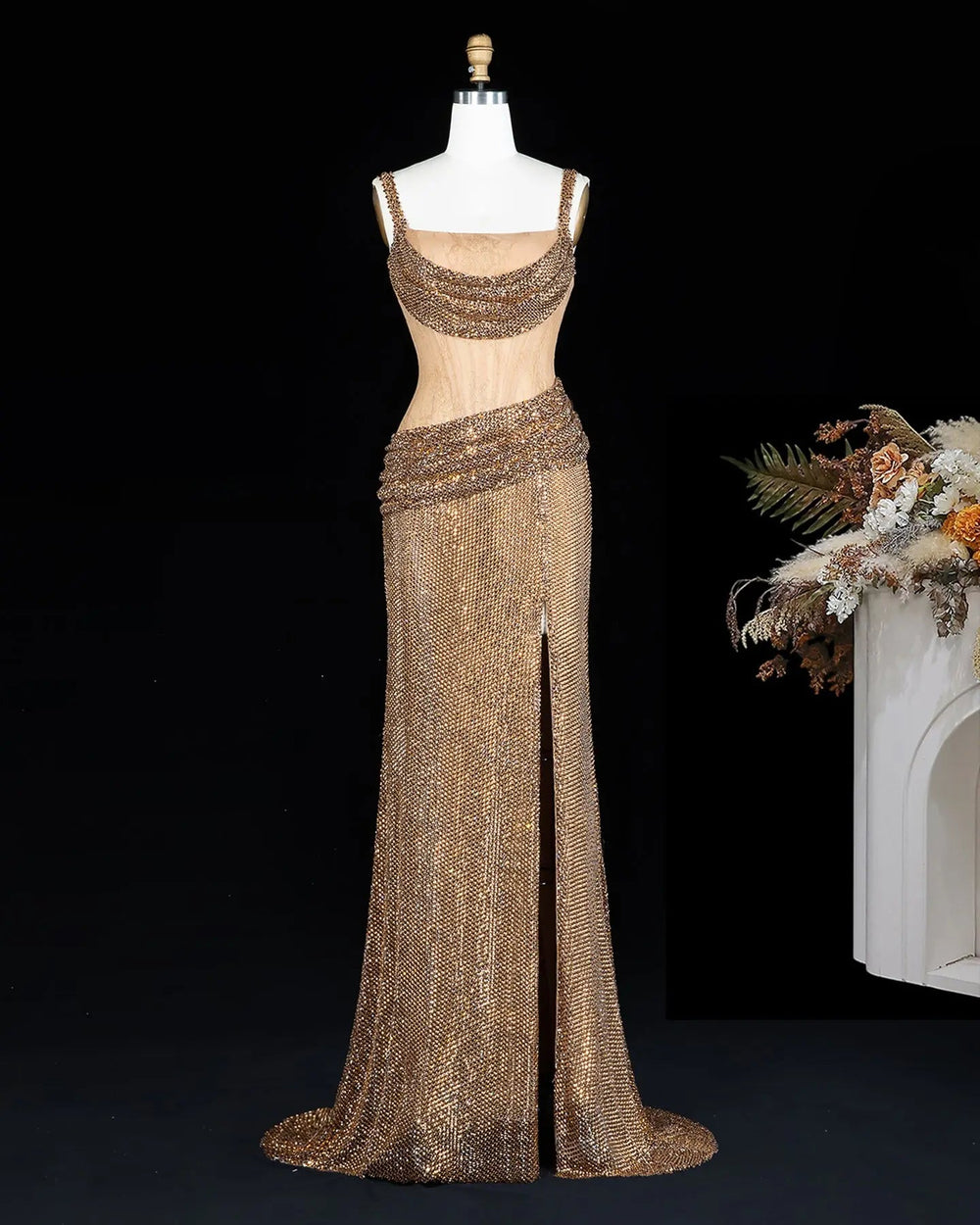 Dreamy Vow SS331 Champagne beaded evening gown, front