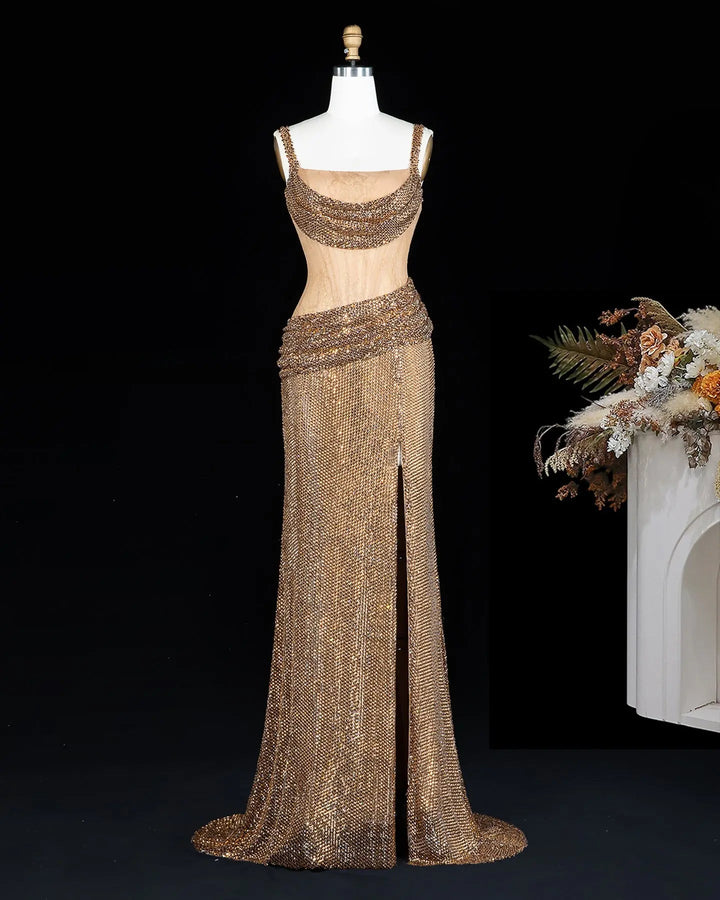Dreamy Vow SS331 Champagne beaded evening gown, front